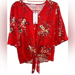 NWT-  Women’s Summer Tops Boho 3/4 Sleeve V Neck Tie Front  Floral Blouse